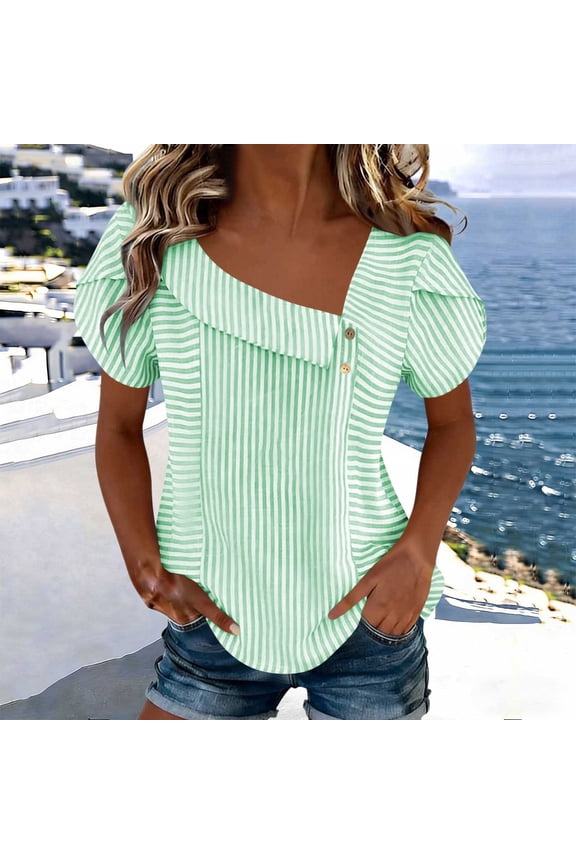 Loose Fit Short Sleeve T Shirt for Women, Casual O Neck Button Down Blouse, Striped Soft Stretch Tee for Party Travel Office Daily Wear, Mint Green M