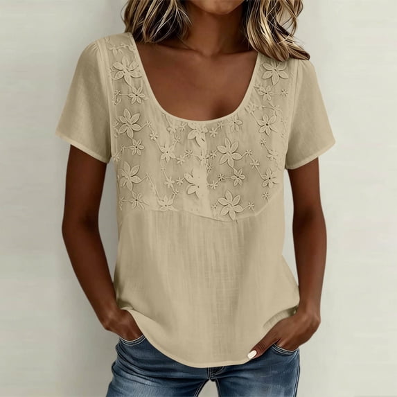 Yrmaups Loose Fit Short Sleeve T Shirt for Women, Casual Round Neck Blouse, Embroidered Floral Top, Soft Breathable Tee for Party Daily Wear, Beige 2XL