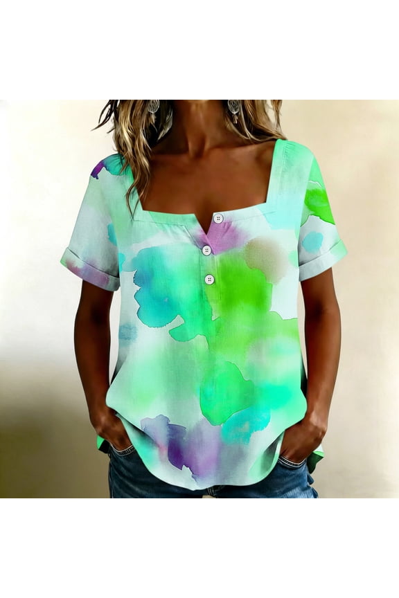 Loose Fit Short Sleeve T Shirt for Women Plus Size, Square Neck Button Down Blouse, Color Block Casual Boho Tee for Holiday Vacation Daily Wear, Green 2XL