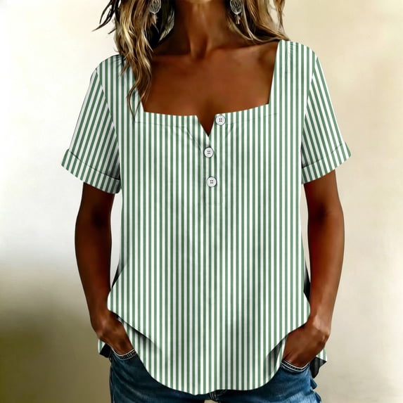 Yrmaups Loose Fit Short Sleeve T Shirt for Women Plus Size, Square Neck Button Down Blouse, Striped Casual Tee, Soft Stretch Top for Beach Travel Office Daily Wear, Army Green L