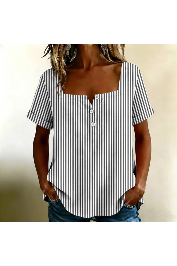Loose Fit Short Sleeve T Shirt for Women Plus Size, Square Neck Button Down Blouse, Striped Casual Tee, Soft Stretch Top for Beach Travel Office Daily Wear, Black 2XL