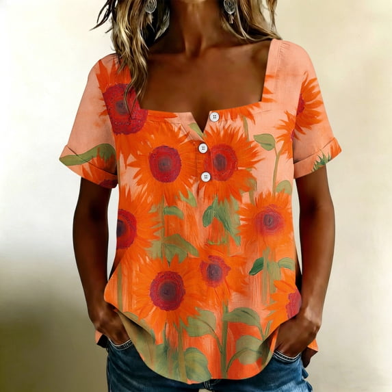 Yrmaups Loose Fit Short Sleeve T Shirt for Women Plus Size, Sunflower Square Neck Blouse, Casual Button Down Top, Soft Stretch Tee for Party Vacation Daily Wear, Orange XL