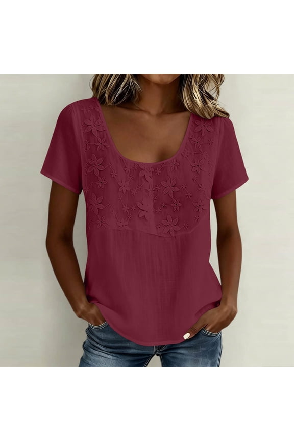 Loose Fit Short Sleeve T Shirt for Women, Casual Round Neck Blouse, Embroidered Floral Top, Soft Breathable Tee for Party Daily Wear, Wine XL