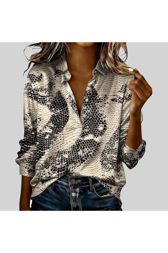 Loose Fit Snake Print Button Down Blouse for Women Plus Size, Long Sleeve Collared Casual Top, Soft Travel Office Daily Wear, Multicolor L