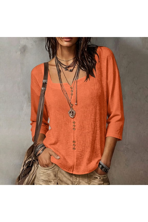 Loose Fit Square Neck Button Down Blouse for Women, Plus Size 3/4 Sleeve Casual Top, Soft Stretchy Boho Tee for Fall Winter Daily Wear, Orange 2XL