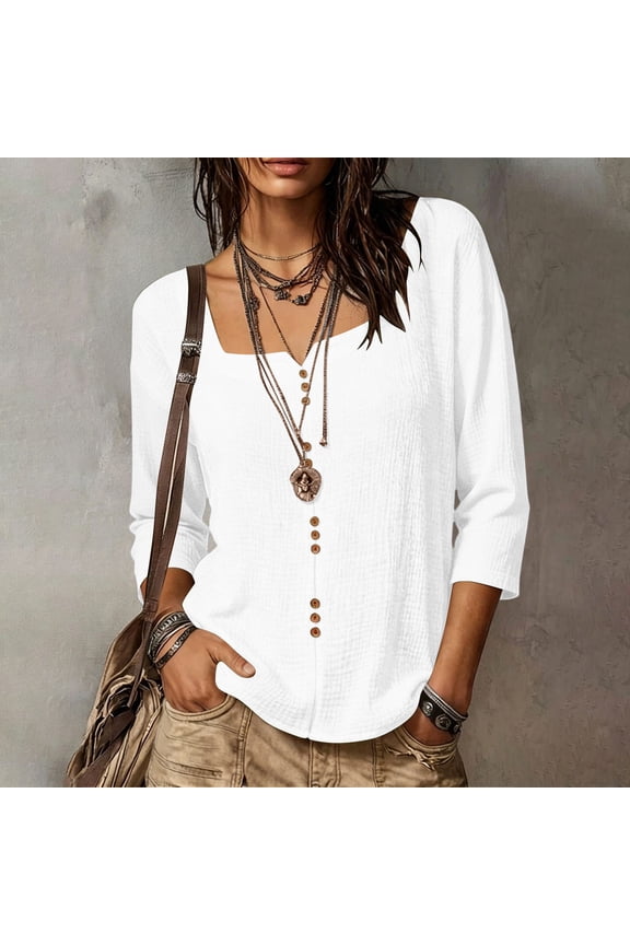 Loose Fit Square Neck Button Down Blouse for Women, Plus Size 3/4 Sleeve Casual Top, Soft Stretchy Boho Tee for Fall Winter Daily Wear, White S