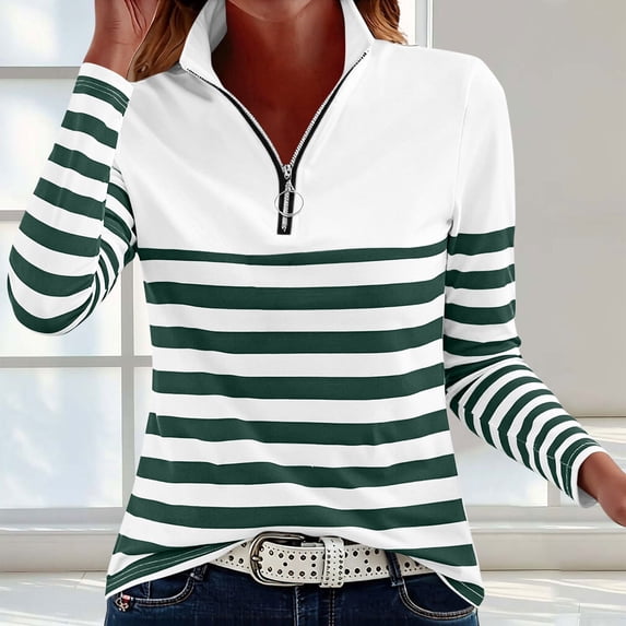 Yrmaups Loose Fit Striped Zip Pullover for Women Daily Wear, Fall Winter Collared Long Sleeve Casual Top, Plus Size Soft Cotton Blend Tee for Work Layering, Army Green XL