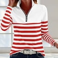thumbnail image 1 of Yrmaups Loose Fit Striped Zip Pullover for Women Daily Wear, Fall Winter Collared Long Sleeve Casual Top, Plus Size Soft Cotton Blend Tee for Work Layering, Red 3XL, 1 of 5