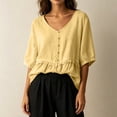 thumbnail image 1 of Yrmaups Loose Fit V Neck Short Sleeve Peplum Top for Women, Casual Ruffle Blouse, Soft Breathable Summer Basic Tee for Home Office Travel Daily Wear, Yellow L, 1 of 5