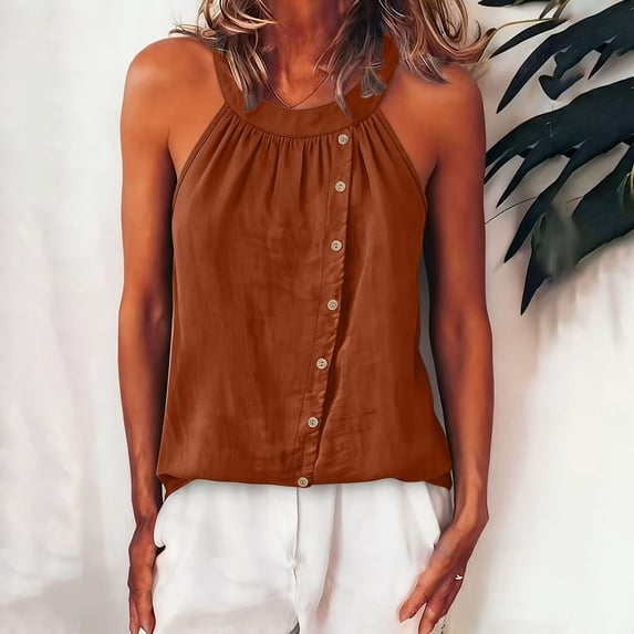 Yrmaups Plus Size Sleeveless Tank Top for Women, Casual Button Down Blouse, Lightweight Soft Stretch Top for Holiday Travel Office Daily Wear, Brown 2XL