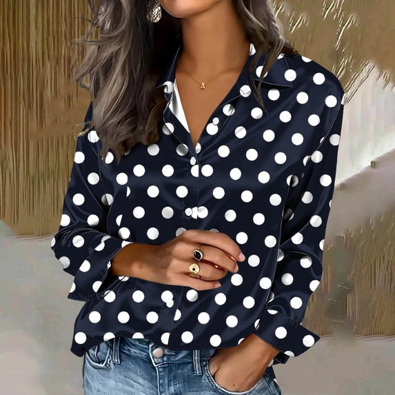 Yrmaups Polka Dot Button Down Long Sleeve Blouse for Women, V Neck Casual Shirt, Soft Lightweight Top for Office Travel Weekend Outing, Dark Blue M
