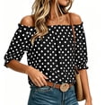 thumbnail image 1 of Yrmaups Polka Dot Off Shoulder Blouse for Women Plus Size, Ruffle Sleeve Flowy Pullover Top, Lightweight Summer Beach Vacation Daily Wear, Black L, 1 of 8