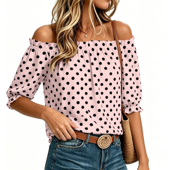 Yrmaups Polka Dot Off Shoulder Blouse for Women Plus Size, Ruffle Sleeve Flowy Pullover Top, Lightweight Summer Beach Vacation Daily Wear, Pink 3XL