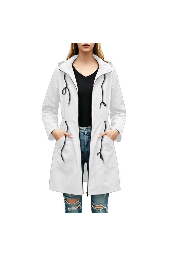 Relaxed Fit Hooded Zip Up Coat for Women, Plus Size Warm Rainproof Casual Outerwear, Solid Color Loose Cover Up for Fall Winter Daily Wear, White M