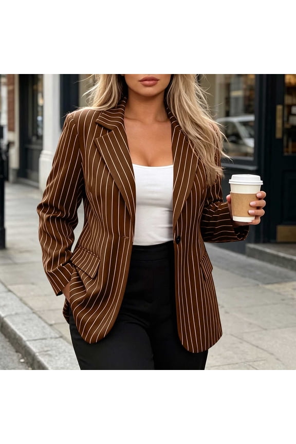 Slim Fit Long Sleeve Button Down Blazer for Women, Striped Collared Business Casual Top, Soft Lightweight Tunic for Office Work Daily Layering, Brown M
