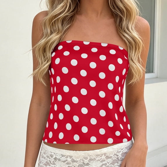 Yrmaups Strapless Polka Dot Tank Top for Women, Casual Boho Slim Crop Top, Stretchy Basic Tee for Party Vacation Beach Daily Wear, Wine XL