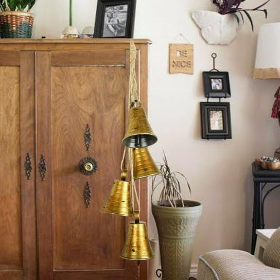 Yrmaups Vintage Cow Bells, Set of 4 Rustic Metal Hanging Bells, Shabby Style Brass Finish, Christmas Farmhouse Decor, Wall Hanging Wind Chime for Doorway Fireplace