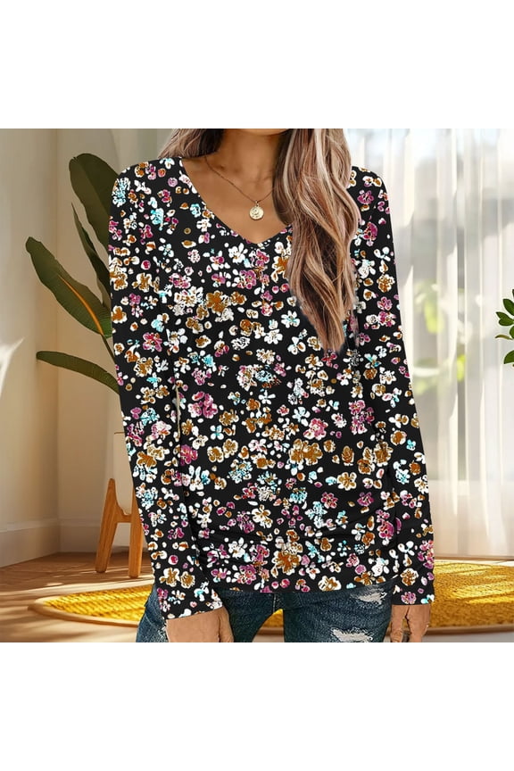 Women Boho Floral Long Sleeve Pullover Top, Plus Size V Neck Ruched Casual Tunic, Soft Cozy Fall Winter Layering Blouse, Brown S
