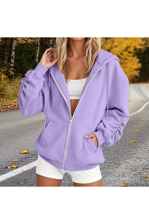 Women Casual Long Sleeve Hoodie, Zip Up Ruffle Front Tunic Top, Soft Fleece Sweatshirt, Fall Winter Daily Outing Layering, Purple S