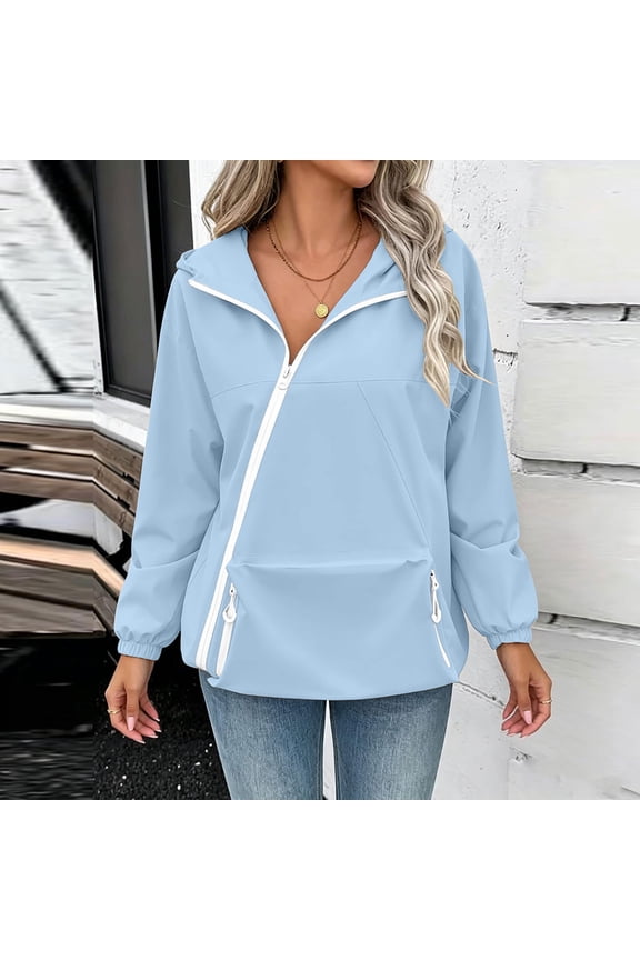Women Casual Long Sleeve Zipper Hoodie, Fall Winter Daily Wear Plus Size V Neck Pullover Top Jacket, Outdoor Layering Soft Windbreaker, Light Blue L