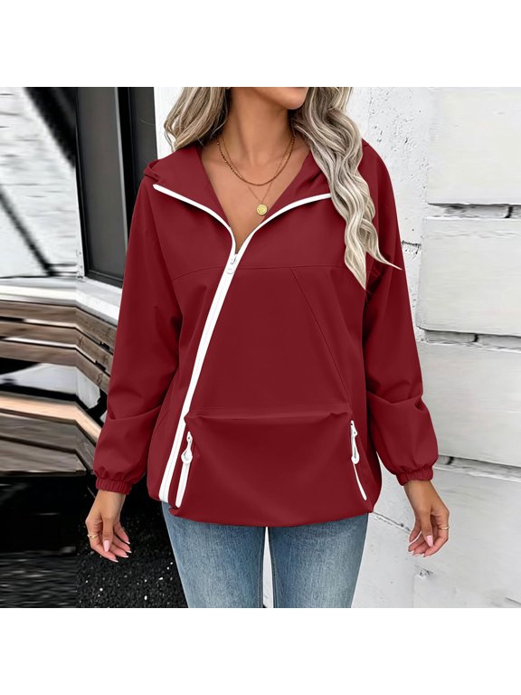 Women Casual Long Sleeve Zipper Hoodie, Fall Winter Daily Wear Plus Size V Neck Pullover Top Jacket, Outdoor Layering Soft Windbreaker, Wine 2XL