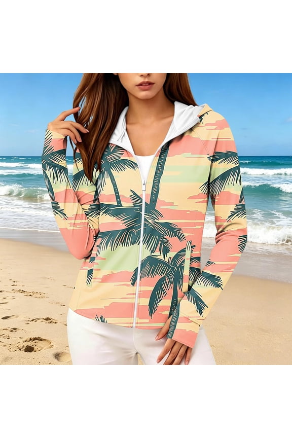 Women Casual Vacation Outwear Jacket, Summer Zipper Front Long Sleeve V Neck Graphic Top, Lightweight Comfortable Beach Daily Wear, Orange XL