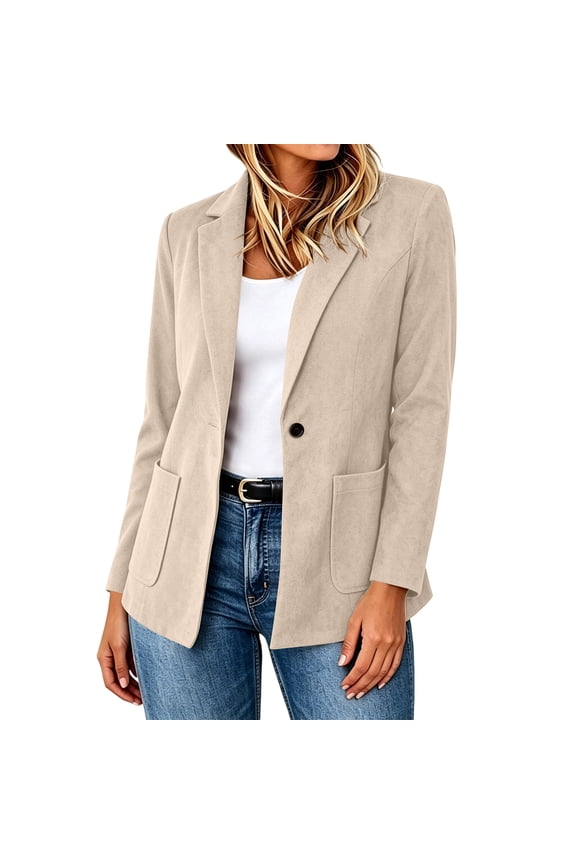 Women Collared Long Sleeve Button Down Blazer, Fall Winter Open Front Casual Layering Work Top, Soft Lightweight Solid Business Basic Jacket, Beige 2XL