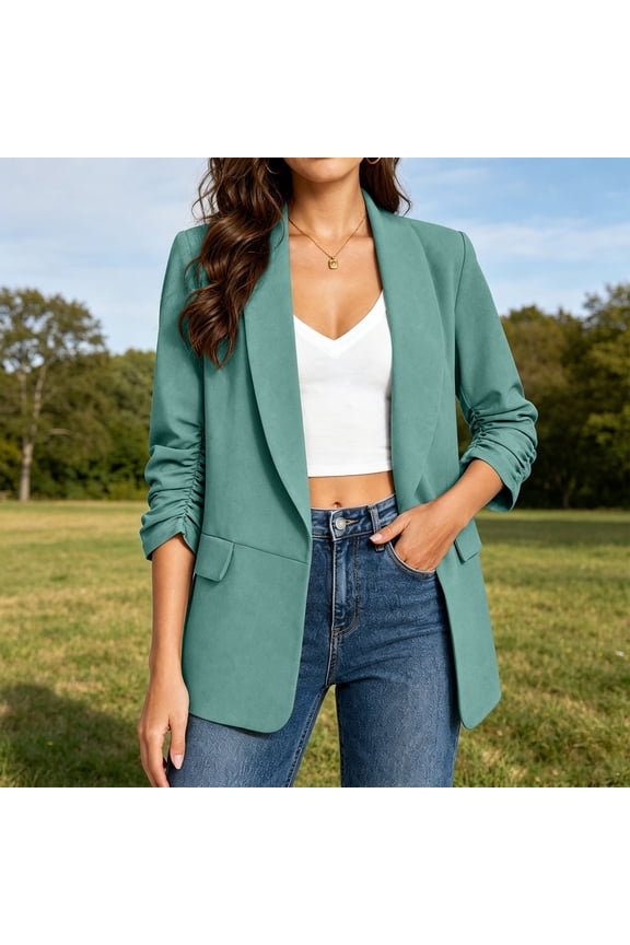 Women Long Sleeve Open Front Casual Blazer, Soft Stretch Ruched Business Work Cardigan Top, Fall Layering Outfit, Mint Green L