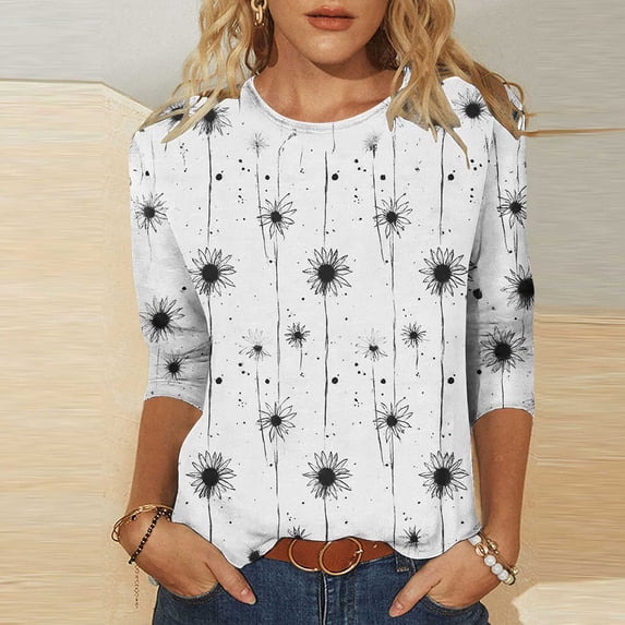 Yrmaups Women Loose Fit 3/4 Sleeve Sunflower Pullover Tops, Casual Round Neck Tee, Soft Breathable Basic Blouse for Fall Daily Office Wear, White L
