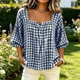 thumbnail image 1 of Yrmaups Women Plus Size Square Neck 3/4 Sleeve Blouse, Loose Fit Button Plaid Top, Soft Casual Tee for Summer Office Daily Wear, Navy 3XL, 1 of 5