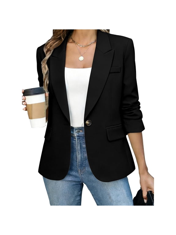 Women Relaxed Fit Business Work Long Sleeve Blazer, Casual Button Down Collared Jacket, Soft Solid Basic Office Daily Wear, Black L