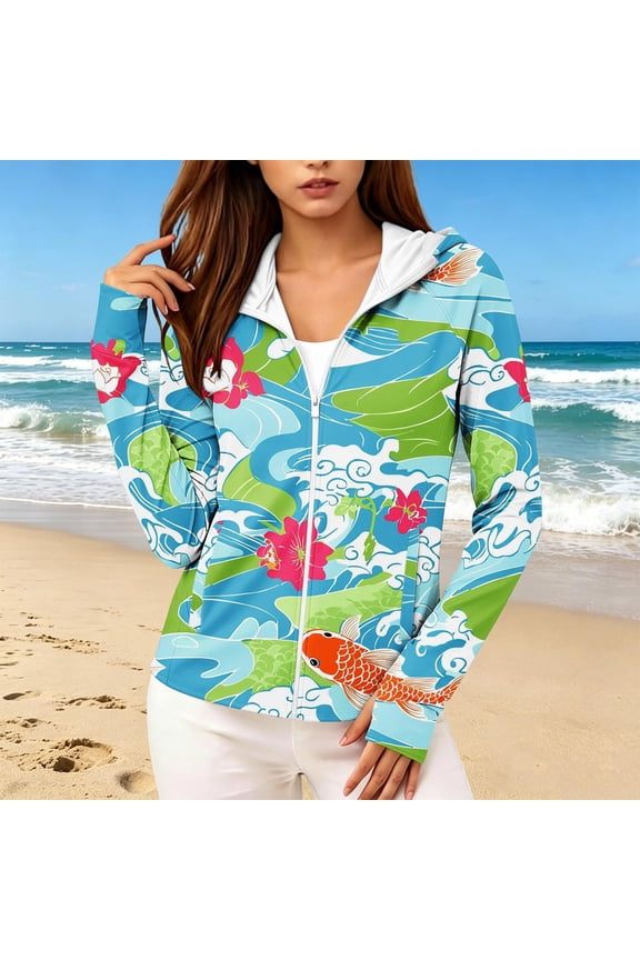 Women Summer Lightweight Slim Hooded Jacket, Loose Fit Travel Daily Wear Long Sleeve Zipper Casual Graphic Blazer Beach Sport Top, Sky Blue M