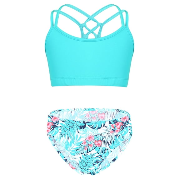 Yruioon 2Pcs Girls Swimsuit Strappy Back Crop Tops with Bikini Bottoms Swimming Set Cute Beach Wear Leaf 8