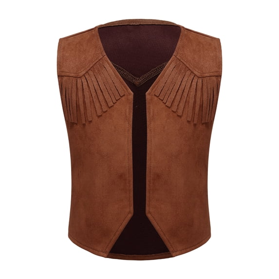 Yruioon Boys Western Cowboy Vest Fringe Decor Open Front Waistcoat Halloween Party Wear Kids Fancy Dress Up Brown 4
