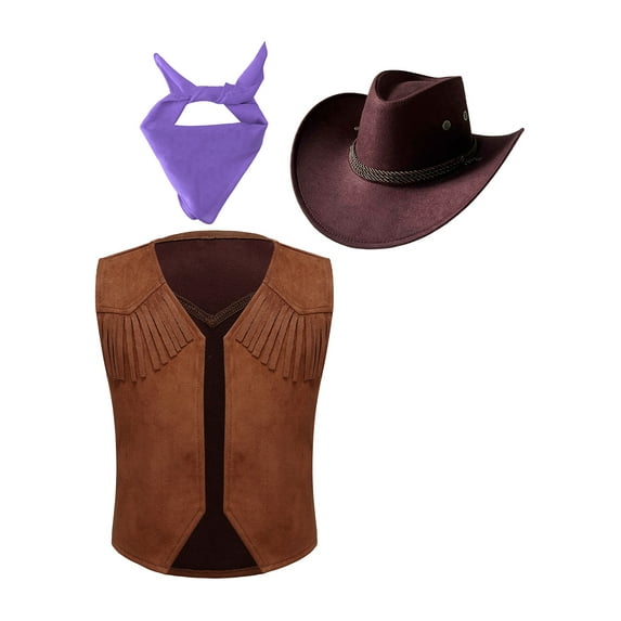 Yruioon Cowboy Costume for Boys Girls Western Cowboy Cowgirl Outfit Retro Vest with Cowboy Hat Purple 16