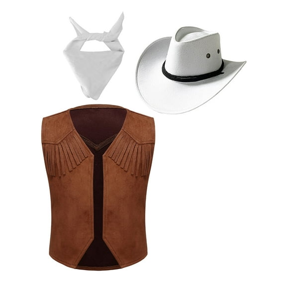 Yruioon Cowboy Costume for Boys Girls Western Cowboy Cowgirl Outfit Retro Vest with Cowboy Hat White 6