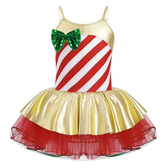 Yruioon Girl's Metallic Leotard Dance Dress Stripes Xmas Christmas Dress Up Costume Red 16