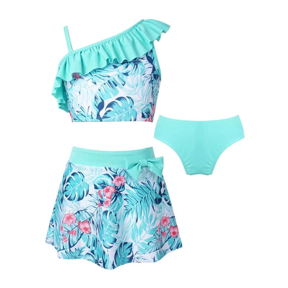 Yruioon Girls 3-pc Sleeveless Swimsuit Asymmetrical Shoulder Strap Tops with Briefs Skirts Swimwear Mint Green 14