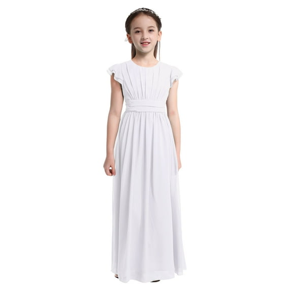Yruioon Girls Chiffon Flower Flutter Sleeve Princess Dress Birthday Bridesmaid Pageant Party Costume White 8