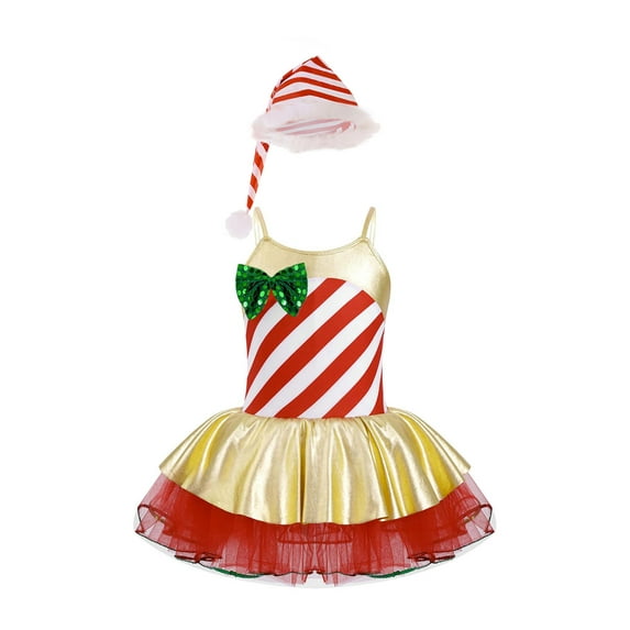 Yruioon Girls Christmas Ballet Dance Dress Xmas Santa Figure Ice Skating Costume Striped Leotard Red 4
