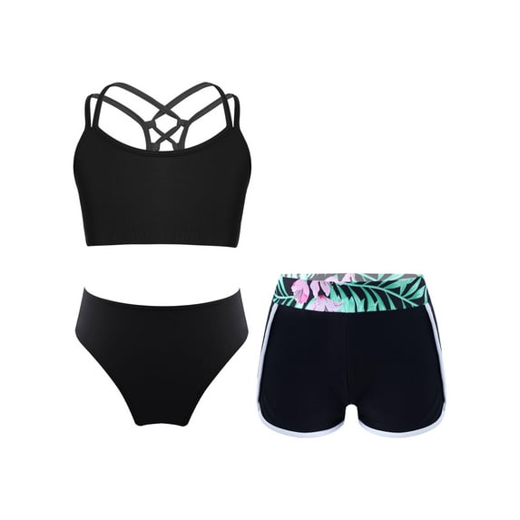Yruioon Girls Floral 3 Pcs Swimsuits Bikini Bra with Brief Swim Shorts Bathing Suit Beach Cover Up Black 6