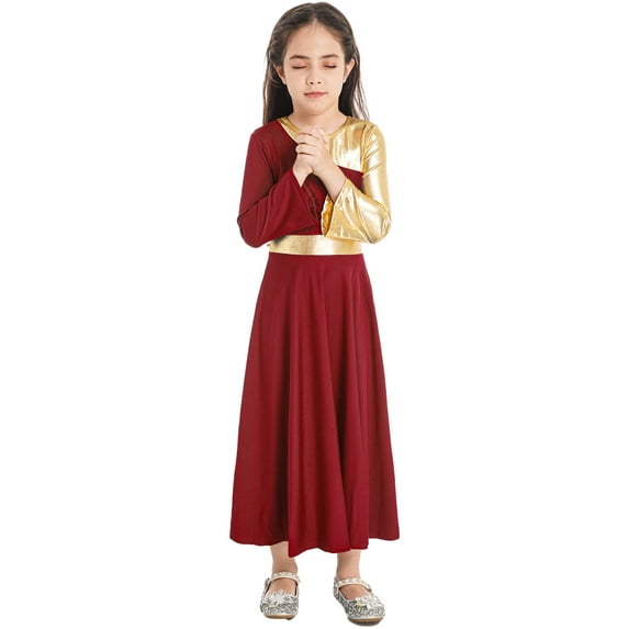 Yruioon Girls Metallic Gold Praise Dance Dress Liturgical Dancewear Loose Full Length Worship Costume Red 4