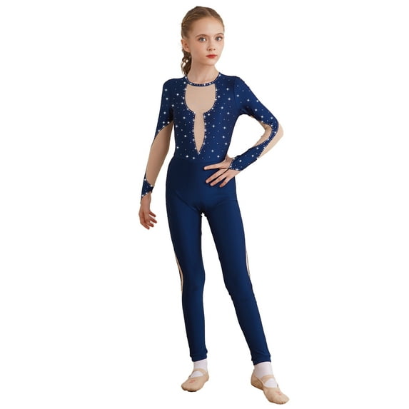 Yruioon Girls One Piece Full Body Skating Jumpsuit Long Sleeve Ballet Gymnastics Leotards Dance Navy Blue 14