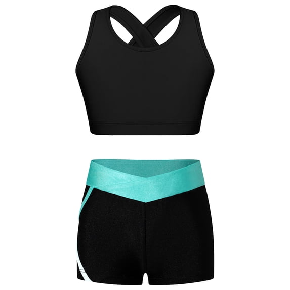 Yruioon Kids 2 Piece Training Outfits Girls Gymnastics Crop Top Workout Tank with Ballet Dance Shorts Black&Blue Green 4