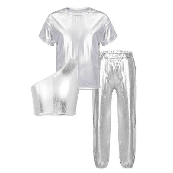 Yruioon Kids 3 Pieces Shiny Metallic Dance Outfits Jazz Hip-hop Dance Costumes Crop Tank Tops T-Shirt Silver 14
