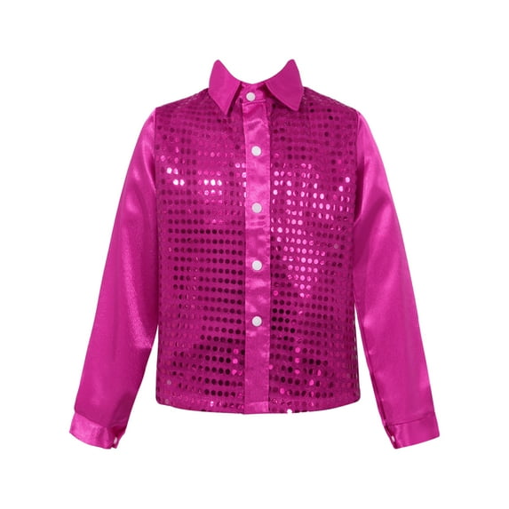 Yruioon Kids Boys Glittery Sequined Hip Hop Jazz Dance Shirts Performance Costume Spread Collar Tops Hot Pink 5-6