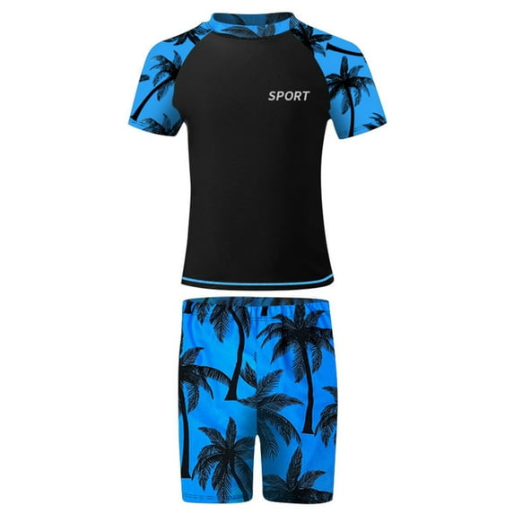 Yruioon Kids Boys Rash Guard Set Two Pieces Short Sleeve Swim Tops with Elastic Shorts Swimwear Set Blue 8-10