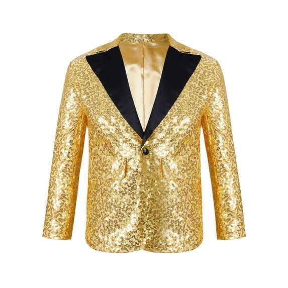 Yruioon Kids Boys Shiny Sequins Suit Jacket Blazer Lapel One Button Tuxedo for Wedding Banquet Party Gold 12
