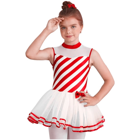 Yruioon Kids Girl's Mock Neck Striped Dance Dress Leotard Cutout Back Christmas Costume Performance Red 14