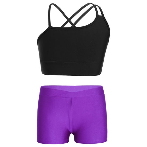 Yruioon Kids Girls Dance Crop Top + Booty Shorts Tracksuit Set 2 Piece Dance Sports Outfits Black&Purple XL
